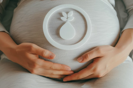 Symbolizing infertility support two hands apart with embryo icon on a clean white backgroundの素材