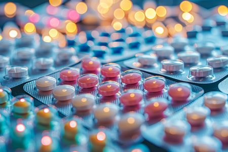 A close up view of an assortment of pills and syringes scattered on a table surface for analysisの素材