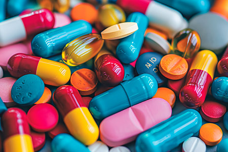 Close up view of assorted tablets and capsules displayed on a table surface for health needsの素材