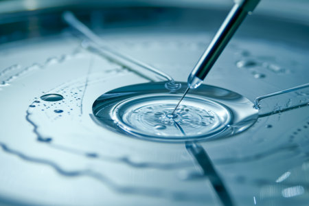 Ivf laboratory concept featuring petri dish, pipette, and soft bokeh lights in minimalist sceneの素材