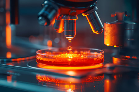 Close up view of a petri dish under microscope in a scientific laboratory settingの素材