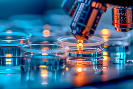 Laboratory microscope focusing on petri dish containing cultured samples for scientific studyの素材