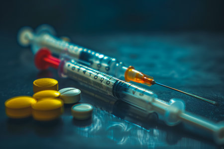 Narcotic substances, dope powder, syringes with drugs dose, white pills and glass of alcohol drink on dark textured background. Concept of addiction and bad habits. High quality photoの素材