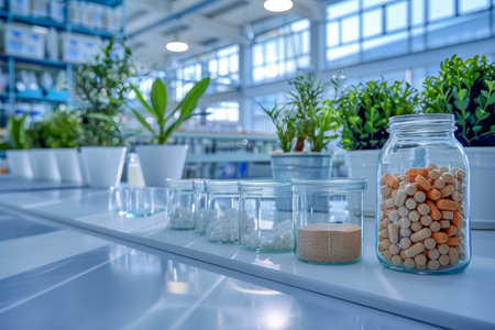 Colorful capsules and tablets arranged neatly on a medical table in a laboratory settingの素材