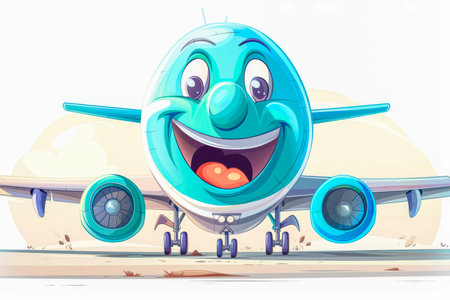 Blue smiling cartoon plane on a light background. High quality photoの素材