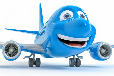 Blue smiling cartoon plane on a light background. High quality photoの素材