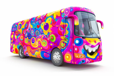 Cartoon bright bus on light background with smiling face. High quality photoの素材