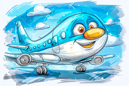 Blue smiling cartoon plane on a light background. High quality photoの素材