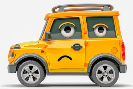 A cartoon car with a melancholic expression against a clean white backgroundの素材