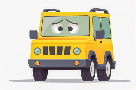 A cartoon car featuring a tired and sad face on a bright white background canvasの素材