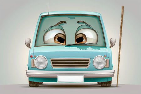 A cartoon car featuring a tired and sad face on a bright white background canvasの素材