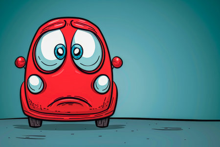 A cartoon car featuring a tired and sad face on a bright white background canvasの素材