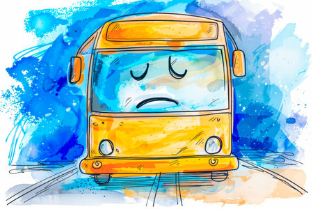 A cartoon bus displaying a sad expression set against a clean white background sceneの素材