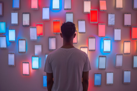 A man in a dark room surrounded by floating phone screens illustrating social media addiction.の素材