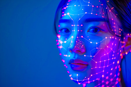 Futuristic portrait of a half human, half robot woman with glowing circuitsの素材