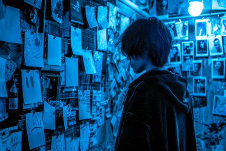 A man in a dark room surrounded by floating phone screens illustrating social media addiction.の素材