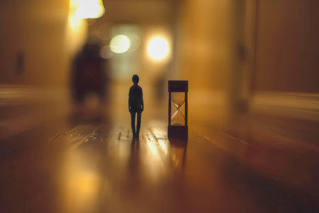 Realistic hourglass with falling sand reflecting human silhouette in warm natural lightの素材