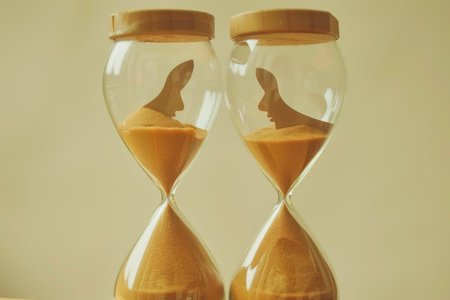 Realistic hourglass with falling sand reflecting human silhouette in warm natural lightの素材