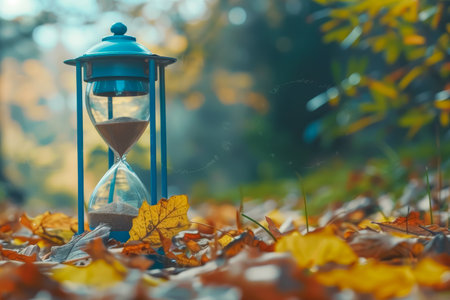 Realistic hourglass with falling sand reflecting human silhouette in warm natural lightの素材