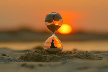 Realistic hourglass with falling sand reflecting human silhouette in warm natural lightの素材