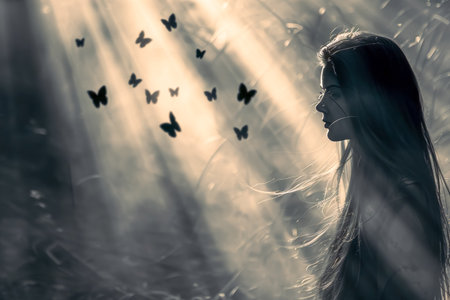 Composite artwork collage image picture of minded girl flying insects inside headisolated on creative background. High quality photoの素材