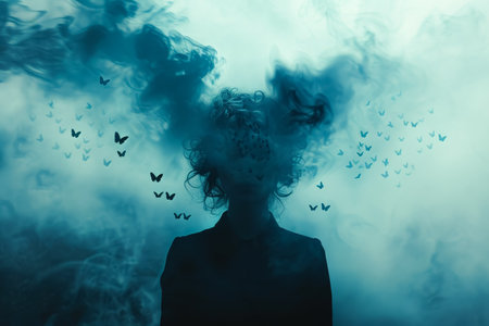 Composite artwork collage image picture of minded girl flying insects inside headisolated on creative background. High quality photoの素材