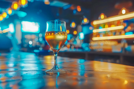 A glass of white wine at the bar on the table in the evening light. High quality photoの素材