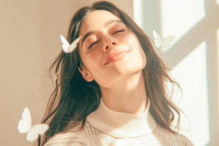 Butterflies fly out of a woman's head, surrealism and the concept of women's health and depression. High quality photoの素材