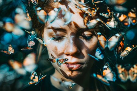 Butterflies fly out of a woman's head, surrealism and the concept of women's health and depression. High quality photoの素材