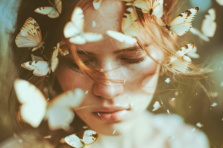 Composite artwork collage image picture of minded girl flying insects inside headisolated on creative background. High quality photoの素材