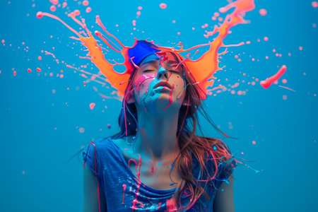 Young woman covered with a colorful paint. High quality photoの素材