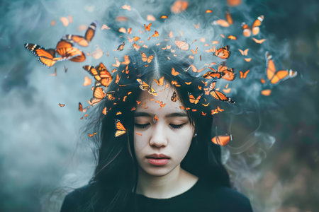 Luxury young woman with butterflies on her head. Beautiful trendy girl. High quality photoの素材