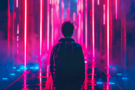 A man in a dark room surrounded by floating phone screens illustrating social media addictionの素材