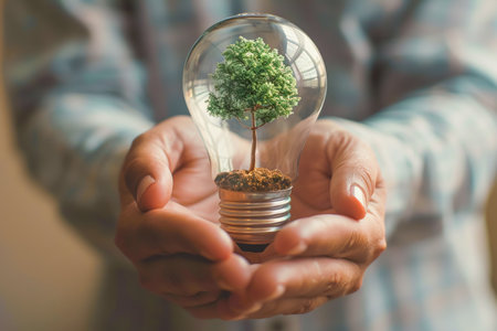Green tree growing with light bulb with sunlight in nature. Energy saving and environment concept. On green forest background. High quality photoの素材