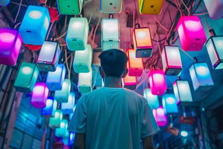 A man in a dark room surrounded by floating phone screens illustrating social media addictionの素材