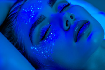 Futuristic half human, woman with glowing circuit tattoos in cyberpunk style portraitの素材