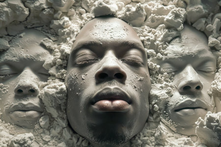 Surreal hourglass with sand transforming into human faces illustrating the passage of time.の素材