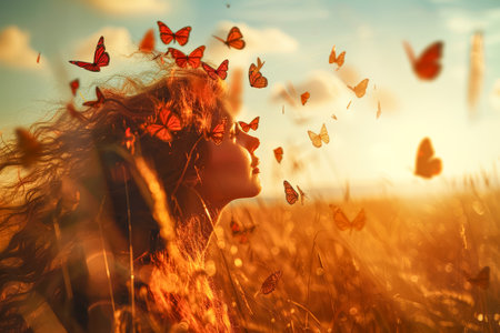 Butterflies fly out of a woman's head, surrealism and the concept of women's health and depression. High quality photoの素材