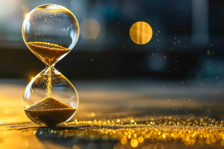 Realistic hourglass with falling sand reflecting human silhouette in warm natural lightの素材