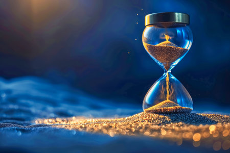 Hourglass on a blue background with space for text. High quality photoの素材
