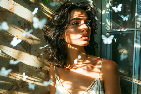 A woman surrounded by butterflies in a bright room, symbolizing mental health and overthinkingの素材