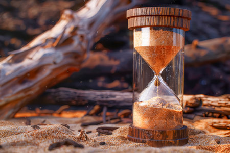 Surreal hourglass with sand transforming into human faces illustrating the passage of time.の素材