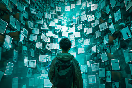 Person in dark room with floating phone screens, depicting social media addiction in neon lightの素材