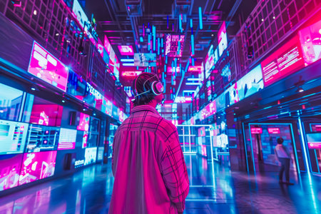 A man in a dark room surrounded by floating phone screens illustrating social media addictionの素材