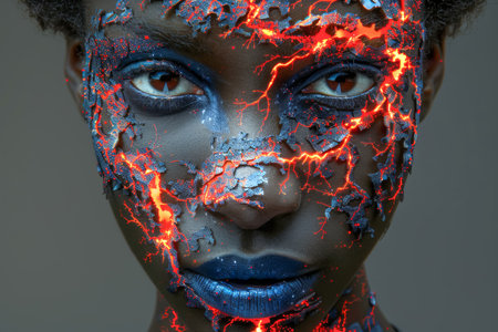 Futuristic half human, woman with glowing circuit tattoos in cyberpunk style portraitの素材