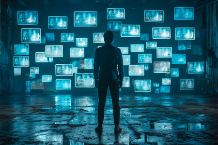 Person in dim room surrounded by floating smartphone screens illustrating social media addictionの素材