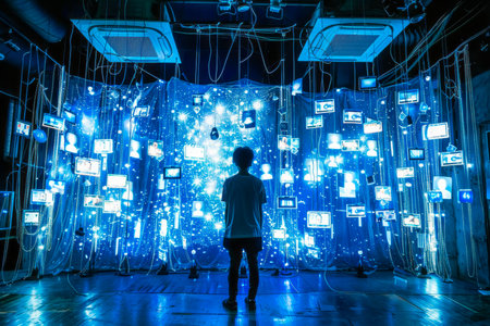 A man in a dark room surrounded by floating phone screens illustrating social media addictionの素材