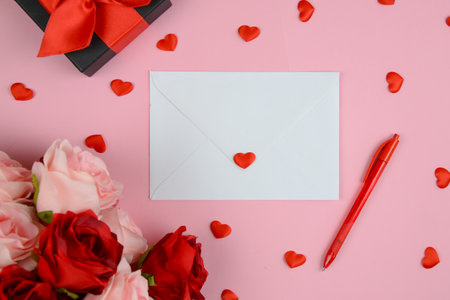 White Envelope with Flowers and Valentine's Day Gift on Pink Background. High quality photoの写真素材
