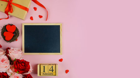 valentine flatlay with chalkboard, roses, gift boxes, wooden calendar block 14 and scattered heart confetti; artisan gift stylingの写真素材