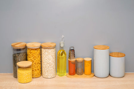 Oil, spices and cereals in the kitchen close-up